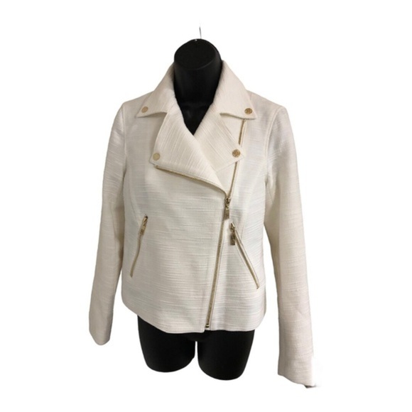 Anne Klein‎ ecru boucle look gold zipper moto style jacket blazer size XS new - Picture 3 of 17